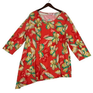 Susan Graver Blouse Womens Size XL Orange Tunic Top Asymmetrical Hem 3/4 Sleeve